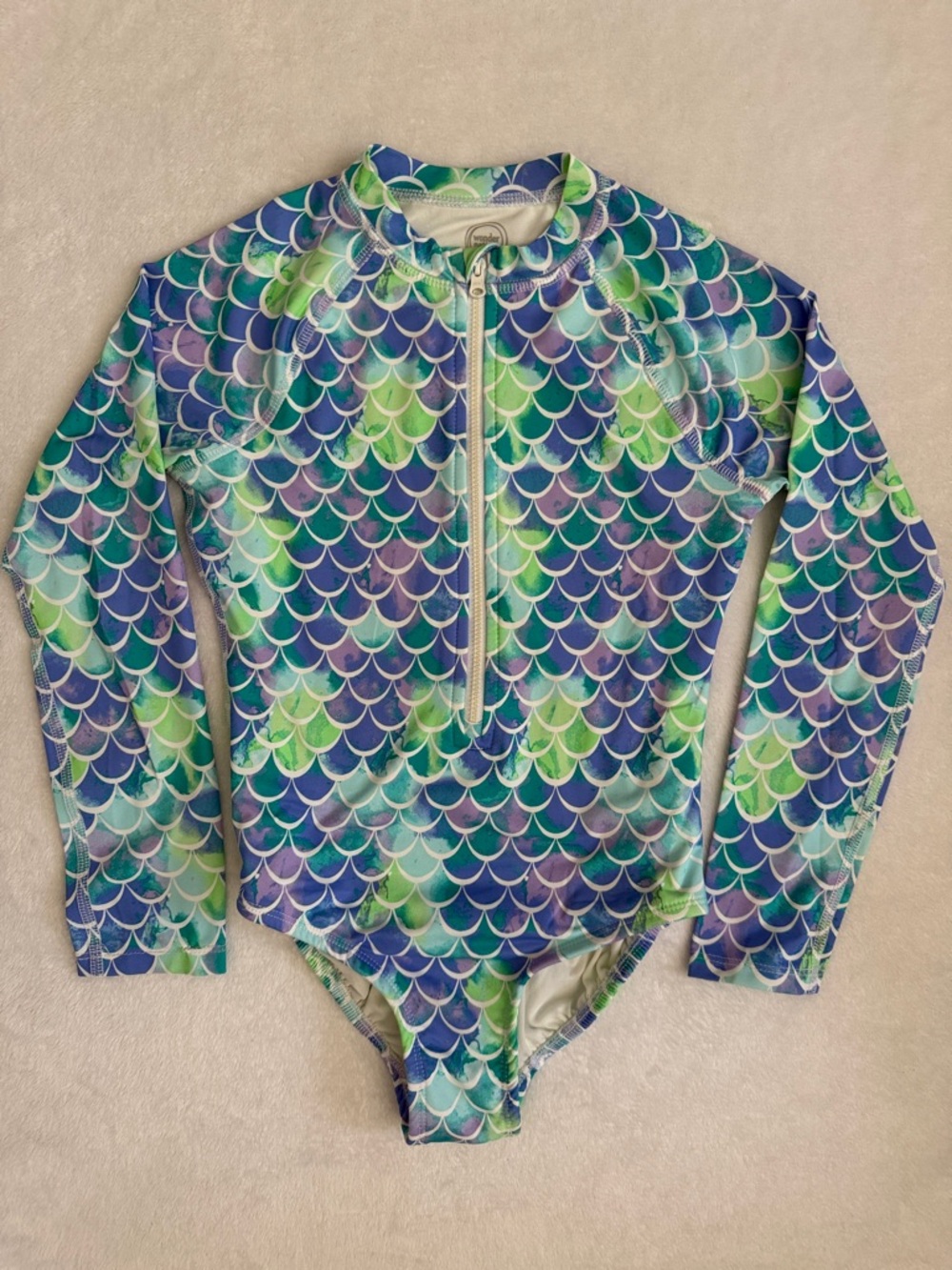 Wonder Nation | Mermaid Scale Zip Front LS Rashguard Swimsuit UPF 50 (M 7-8)